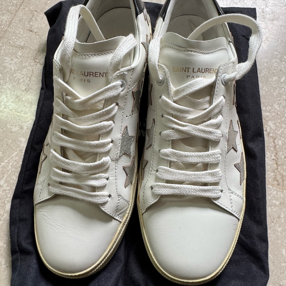 Saint Laurent White and Gold Star Sneakers